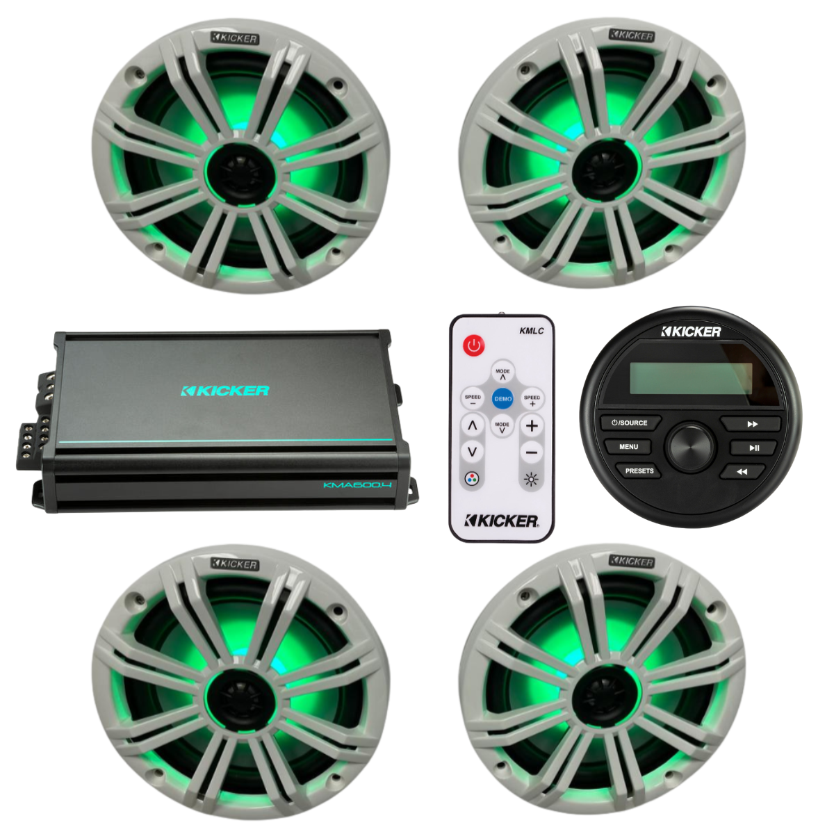 Kicker Marine Audio System – (4) 8″ RGB LED Speakers, Amp, Controller - (2) 45KM84L + (1) 48KMA6004 + (1) KMLC + (1) KMC2