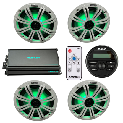 Kicker Marine Audio System – (4) 8″ RGB LED Speakers, Amp, Controller - (2) 45KM84L + (1) 48KMA6004 + (1) KMLC + (1) KMC2