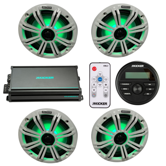 Kicker Marine Audio System – (4) 8″ RGB LED Speakers, Amp, Controller - (2) 45KM84L + (1) 48KMA6004 + (1) KMLC + (1) KMC2