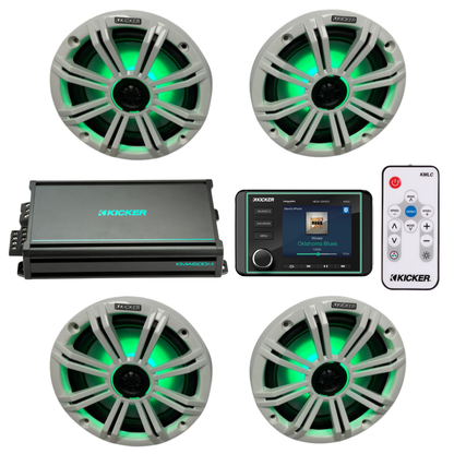 Kicker Marine Audio System – (4) 8″ RGB LED Speakers, Amp, Controller - (2) 45KM84L + (1) 48KMA6004 + (1) KMLC + (1) KMC5