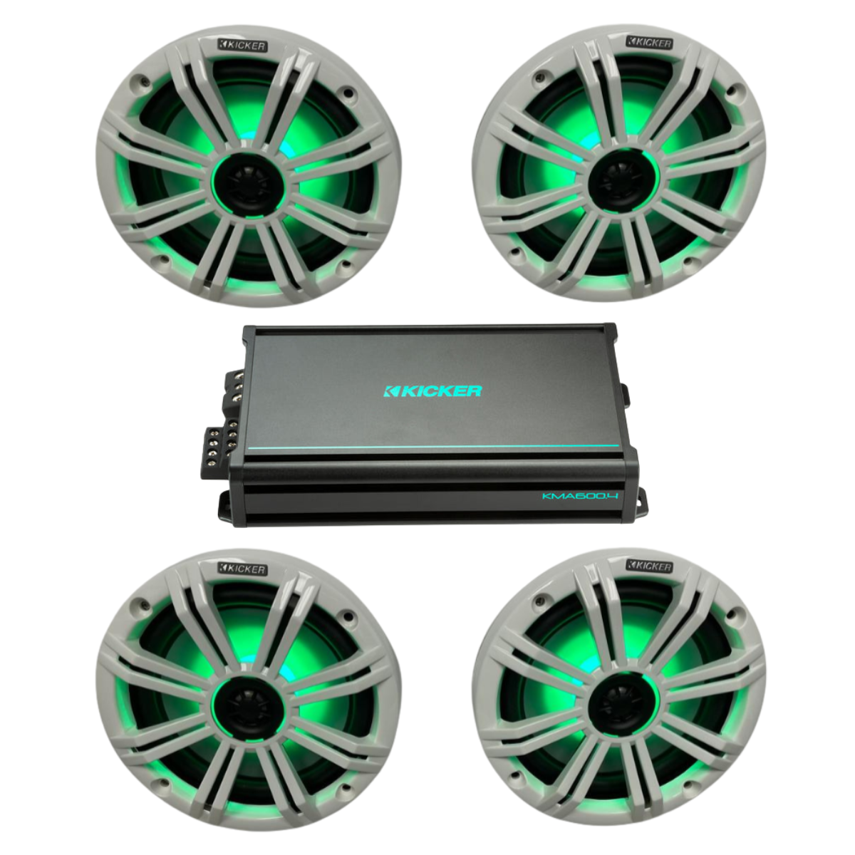 Kicker Marine Speaker Bundle – (4) 8″ RGB Speakers & 4-Channel Amp