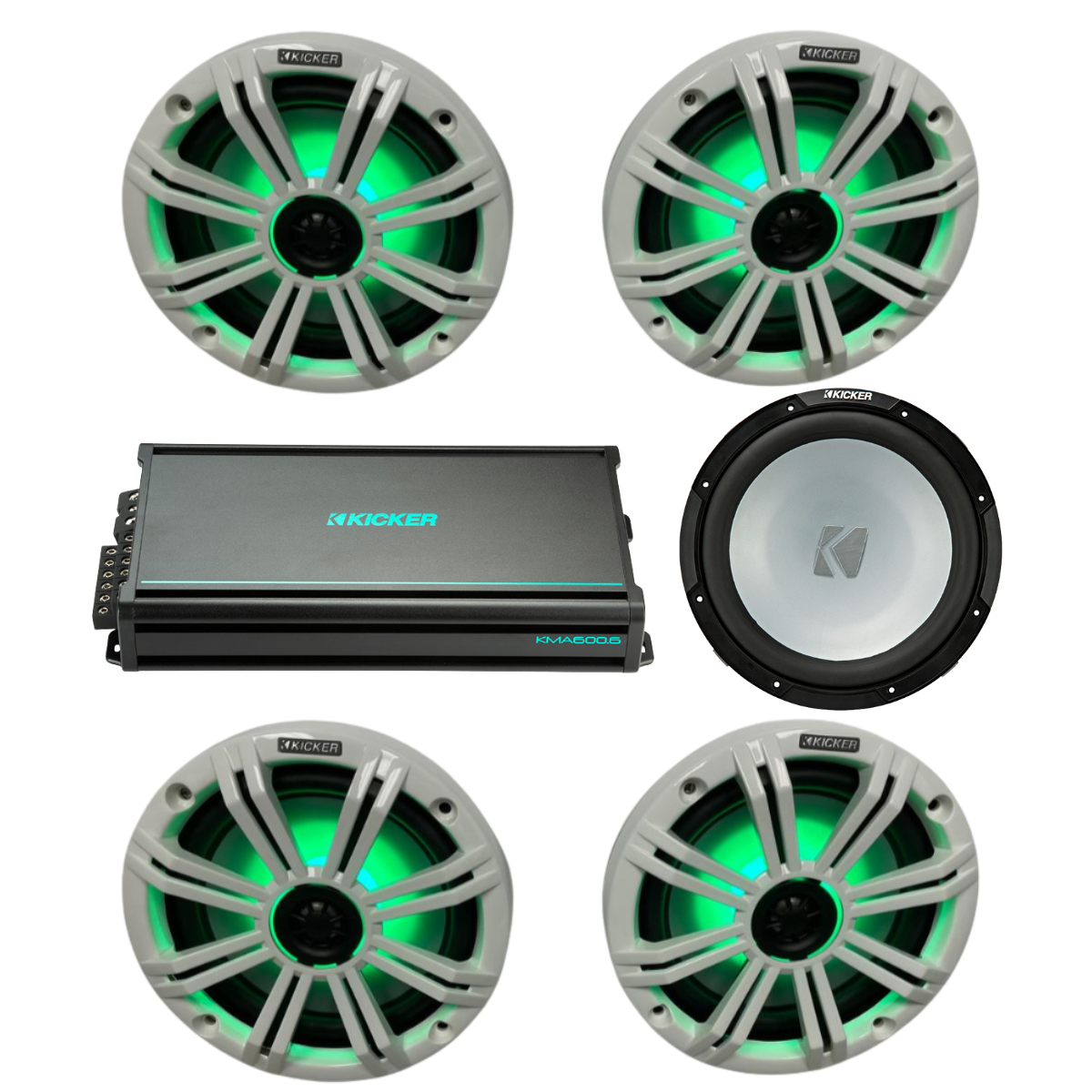 Kicker Marine Audio Bundle – 4× 8″ RGB Speakers, 6-Channel Amp & 12″
