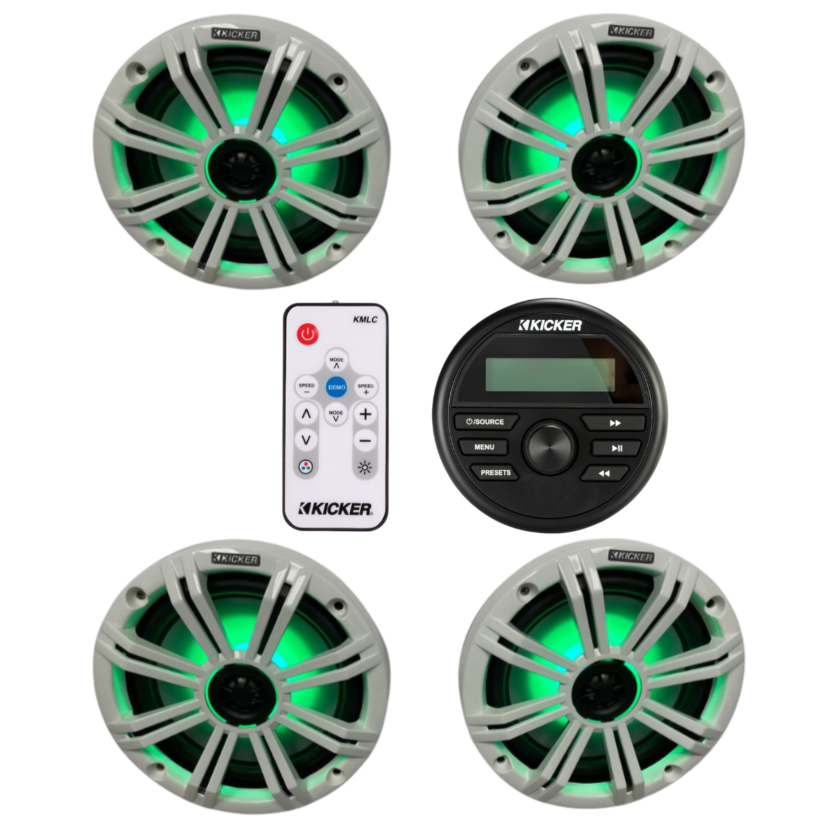 Kicker Marine Audio System – (4) 8″ RGB LED Speakers, Controller & - (2) 45KM84L + (1) KMLC + (1) KMC2