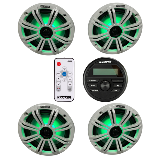 Kicker Marine Audio System – (4) 8″ RGB LED Speakers, Controller & - (2) 45KM84L + (1) KMLC + (1) KMC2