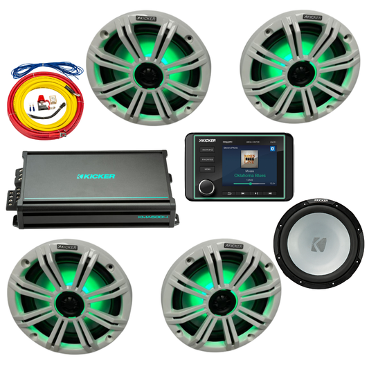 Kicker Marine Audio Bundle – (4) 8″ RGB LED Speakers, 6-Ch Amp, Sub, - (2) 45KM84L + 48KMA6006 + 45KMF124 + 47KMPK4 + KMC5