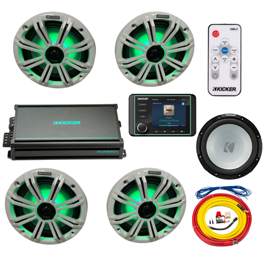 Kicker Marine Audio System – (4) 8″ RGB LED Speakers, 6-Ch Amp, Sub, - (2) 45KM84L + 48KMA6006 + 45KMF124 + 47KMPK4 + KMLC + KMC5
