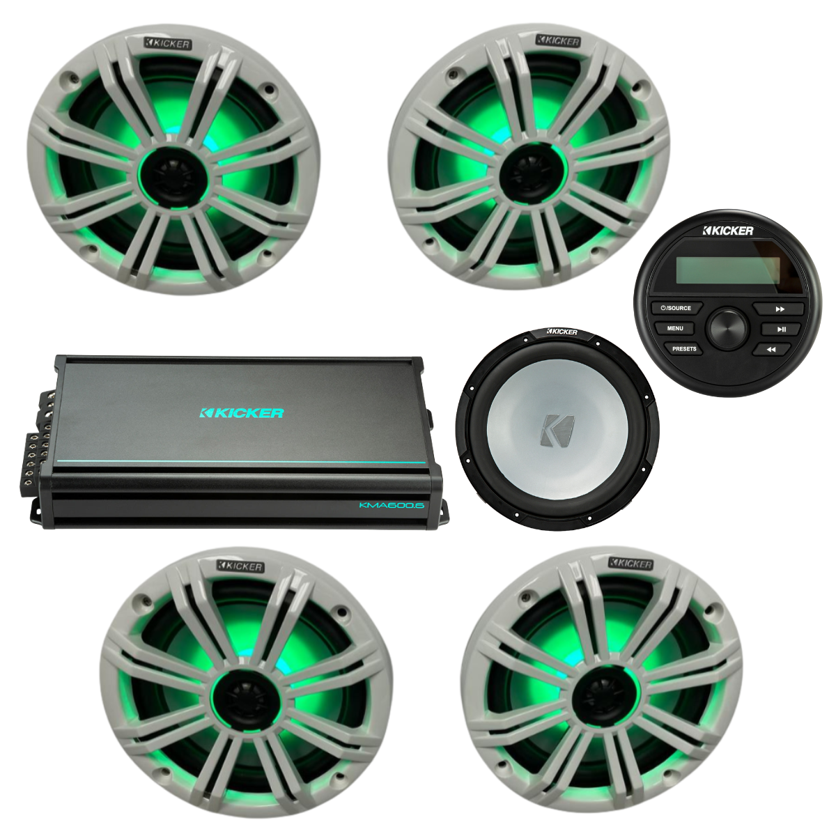 Kicker Marine Audio Bundle – (4) 8″ RGB LED Speakers, 6-Ch Amp, 12″ - (2) 45KM84L + 48KMA6006 + 45KMF124 + KMC2