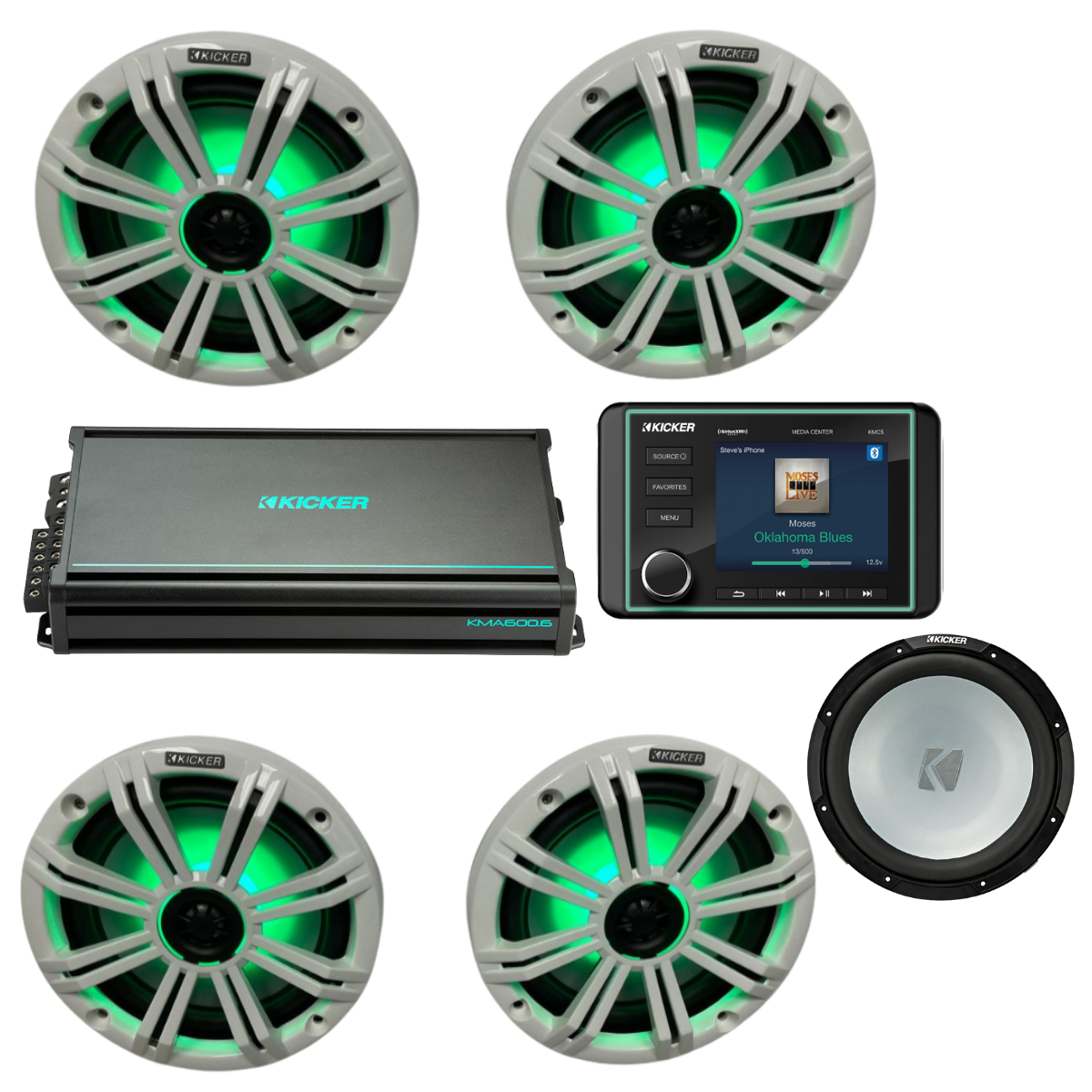 Kicker Marine Audio Bundle – (4) 8″ RGB LED Speakers, 6-Ch Amp, 12″ - (2) 45KM84L + 48KMA6006 + 45KMF124 + KMC5