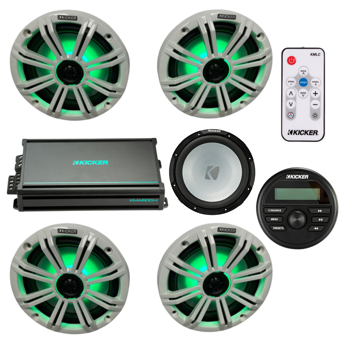 Kicker Marine Audio Bundle – (4) 8″ RGB LED Speakers, 6-Ch Amp, 12″ - (2) 45KM84L + 48KMA6006 + 45KMF124 + KMLC + KMC2