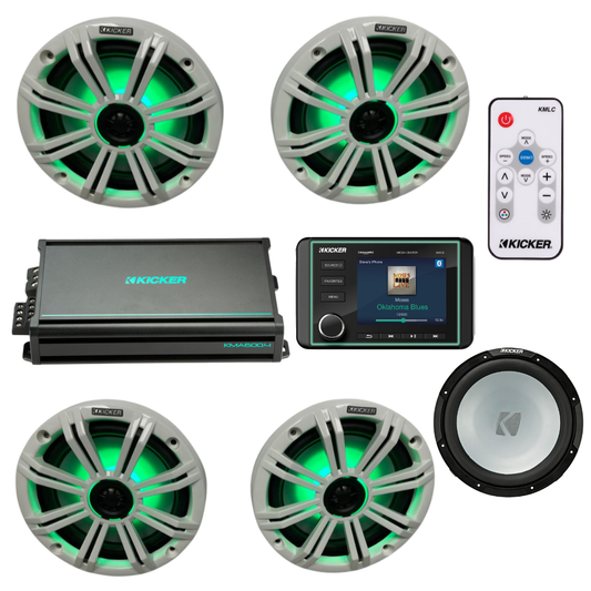Kicker Marine Audio Bundle – (4) 8″ RGB LED Speakers, 6-Ch Amp, 12″ - (2) 45KM84L + 48KMA6006 + 45KMF124 + KMLC + KMC5