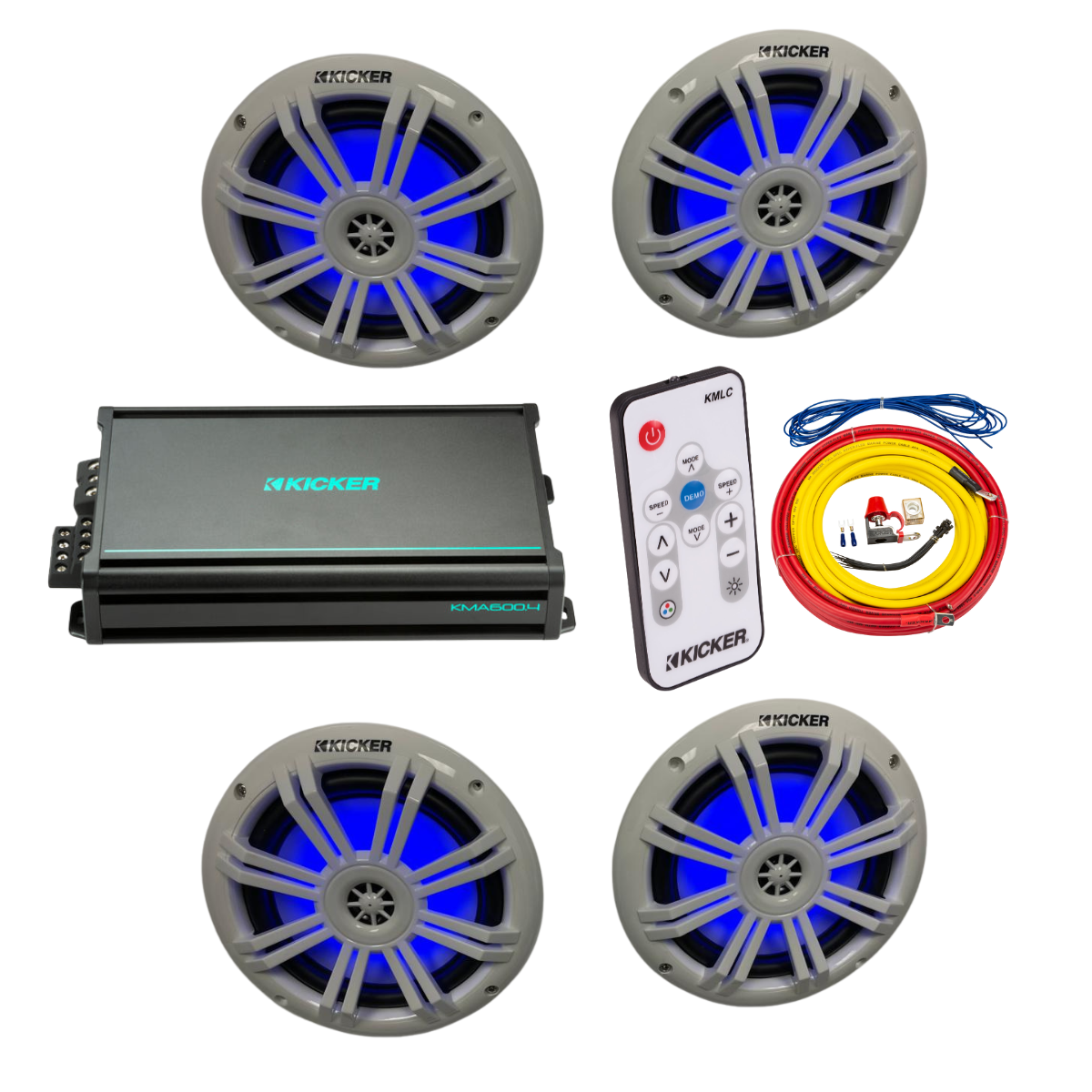 Kicker Marine Audio System – 4× 6.5″ RGB Speakers, 4-Channel Amp,