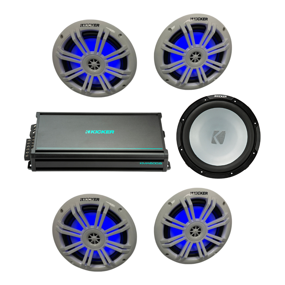 Kicker Marine Audio Bundle – 4x 6.5″ RGB Speakers, 6-Channel Amp &