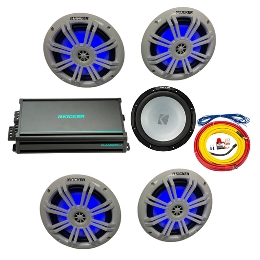 Kicker Marine Audio Bundle – 4× 6.5″ RGB Speakers, 6-Channel Amp, 12″