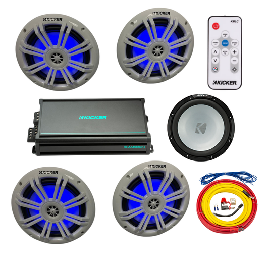 Kicker Marine Audio System – 4× 6.5″ RGB Speakers, 6-Channel Amp, 12″ - (2) 51KM604WL+ (1) 48KMA6006 + (1) 45KMF124 + (1) 47KMPK4 + (1) KMLC