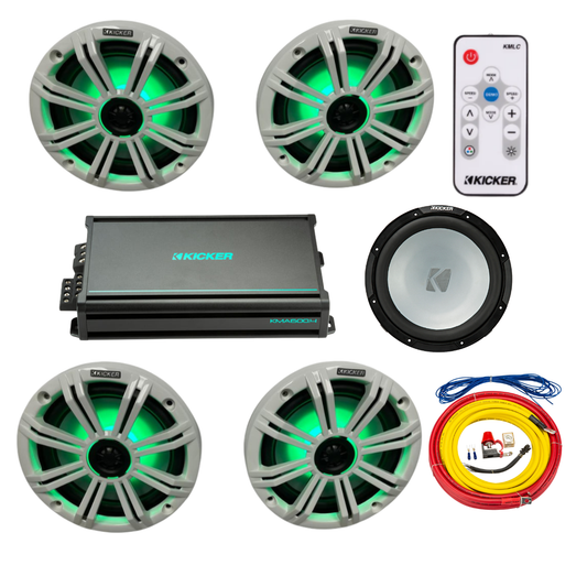 Kicker Marine Audio System – 4× 8″ RGB Speakers, 6-Channel Amp, 12″ - (2) 45KM84L + (1) 48KMA6006 + (1) 45KMF124 + (1) 47KMPK4 + (1) KMLC
