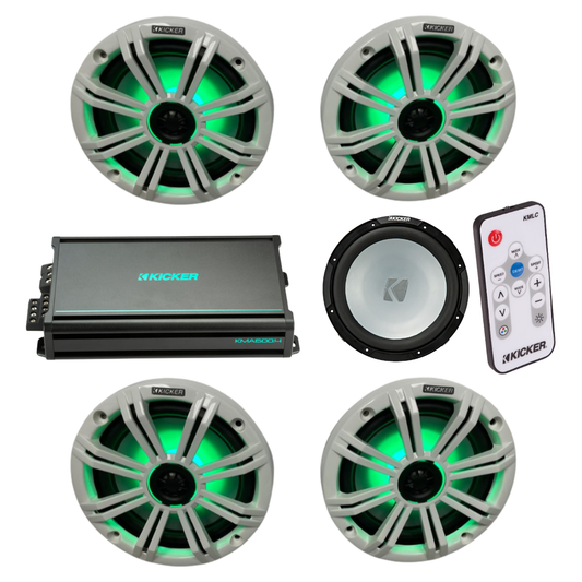Kicker Marine Audio System – 4× 8″ RGB Speakers, 6-Channel Amp, 12″ - (2) 45KM84L + (1) 48KMA6006 + (1) 45KMF124 + (1) KMLC