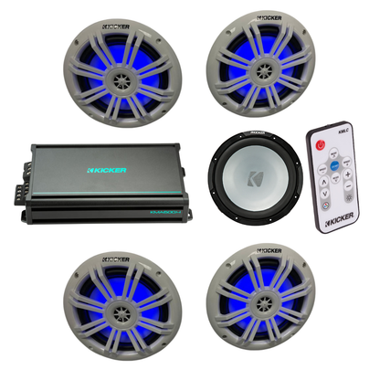 Kicker Marine Audio System – 4× 6.5″ RGB Speakers, 6-Channel Amp, 12″ - (2) 51KM604WL+ (1) 48KMA6006 + (1) 45KMF124 + (1) KMLC