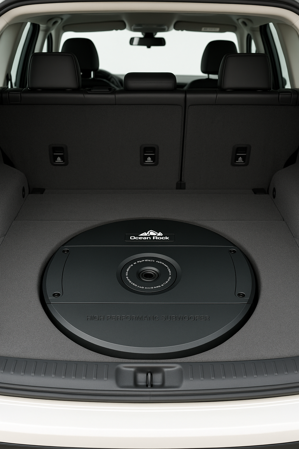 Subwoofer in a car trunk with 'Ocean Rock' branding, basswheel
