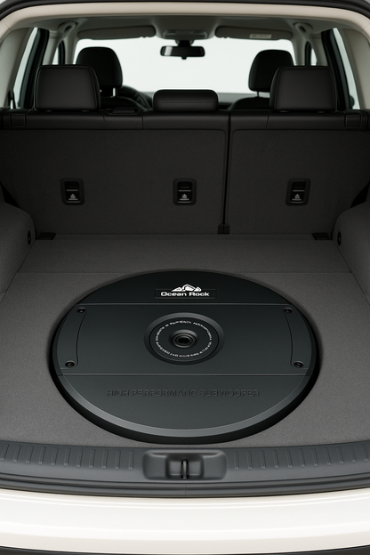 Subwoofer in a car trunk with 'Ocean Rock' branding, basswheel