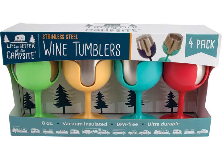 Camco Libatc - Wine Tumbler 4-PACK, 8OZ. (Green/yellow/blue/pink) - Insulated Drinkware