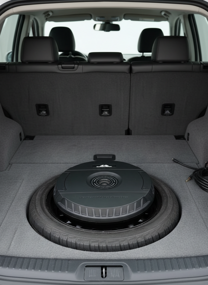 Car trunk with a large black car subwoofer spare tire 11 inches