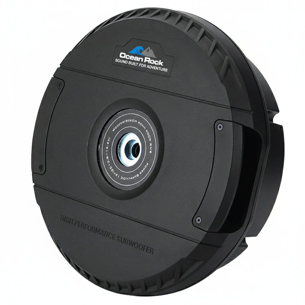 Black subwoofer with 'Ocean Rock' branding on a white background. Car Subwoofer spare tire.