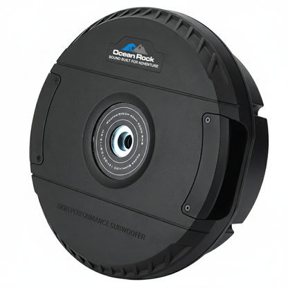 Black subwoofer with 'Ocean Rock' branding on a white background. Car Subwoofer spare tire.