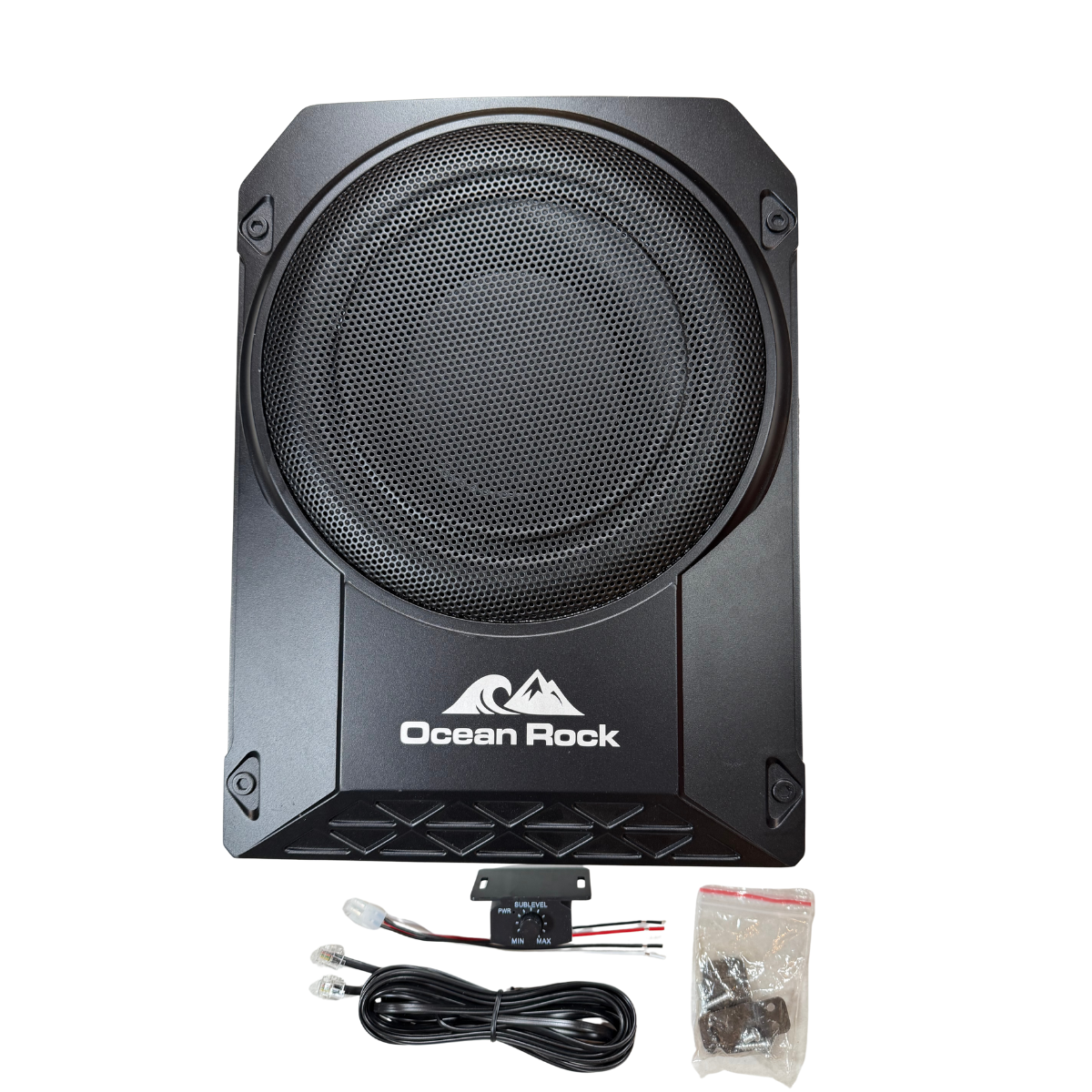 Car subwoofer with accessories on a white background, featuring the Ocean Rock brand.