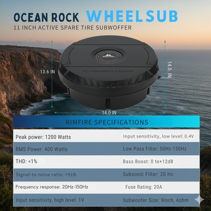 Ocean Rock WheelSub 1200W Peak/400W RMS 11" Active Spare Tire Subwoofer - Hidden Bass System Spare Wheel Sub