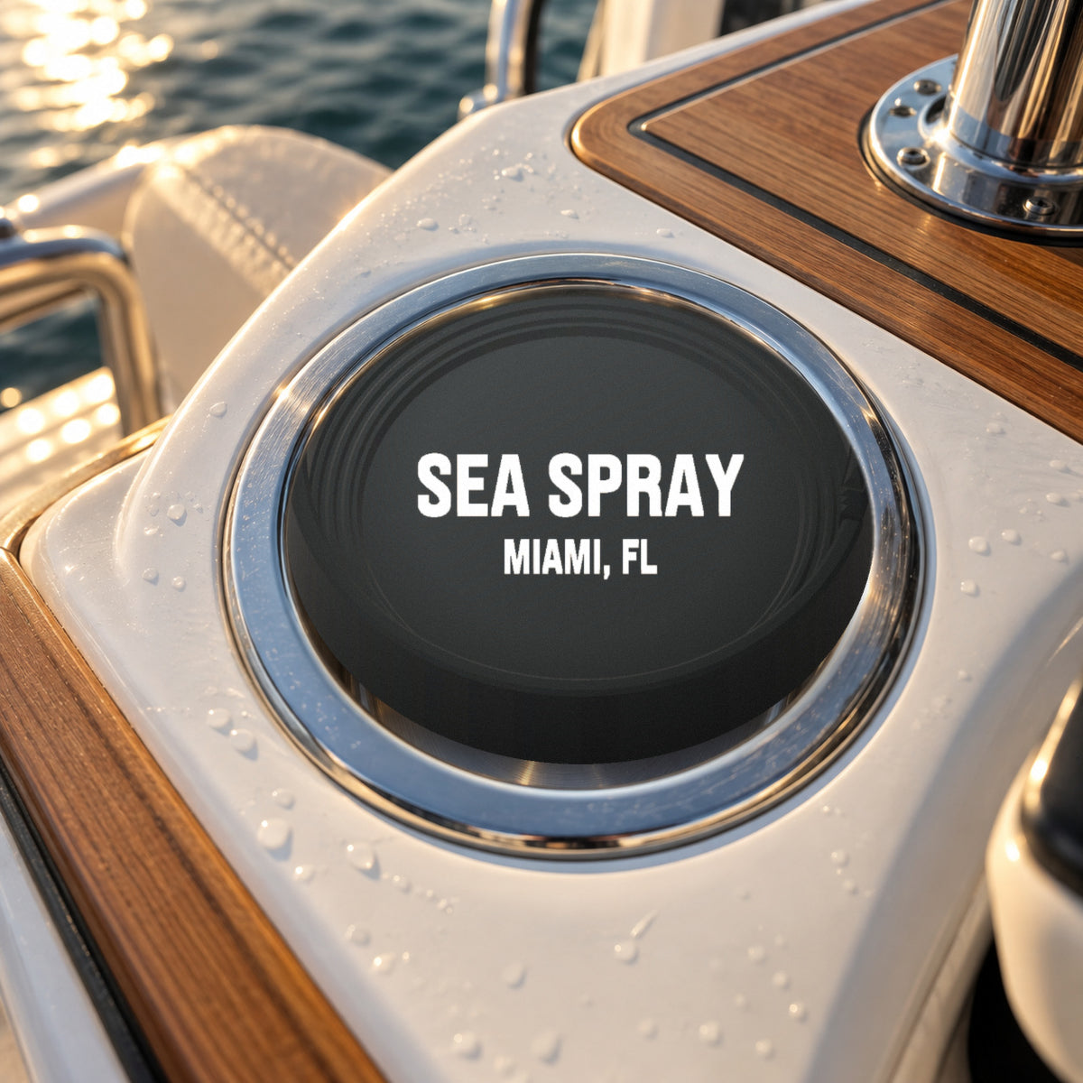 Custom boat name cup holder coaster seated in a boat center console cup holder