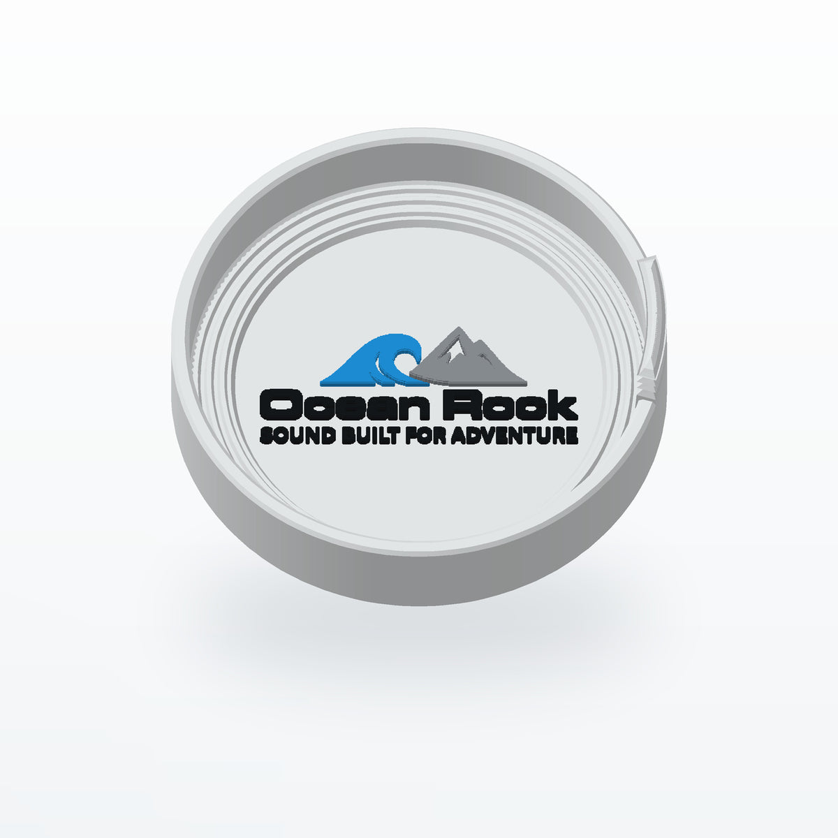 Custom logo cup holder coaster with the Ocean Rock Audio mark in three colors
