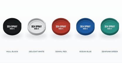 All five XL coaster colours: Hull Black, Gelcoat White, Signal Red, Ocean Blue and Seafoam Green