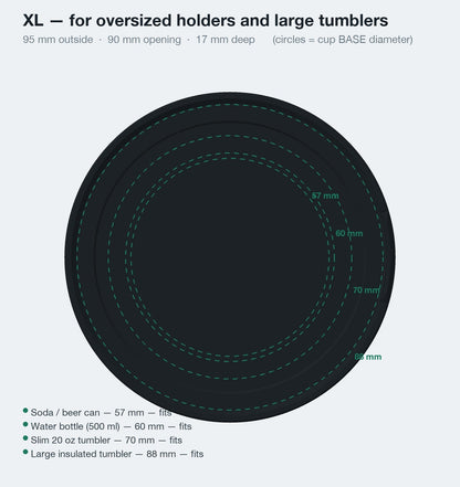 XL coaster fit chart - 95 mm outside, 90 mm opening