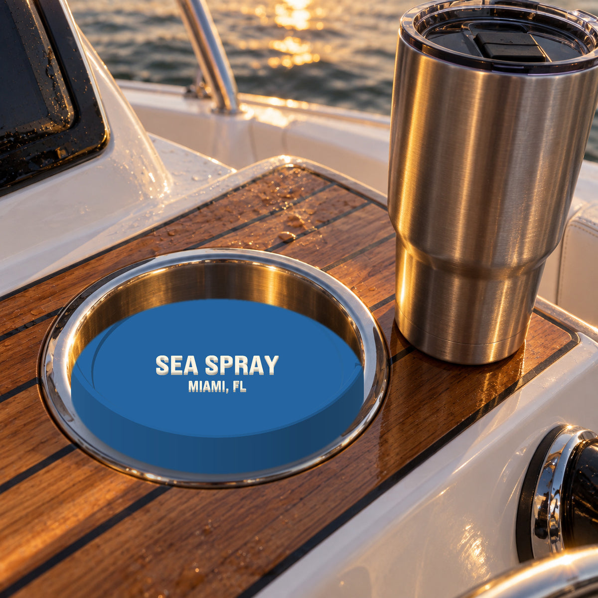 XL cup holder coaster in an oversized boat cup holder beside a large insulated tumbler